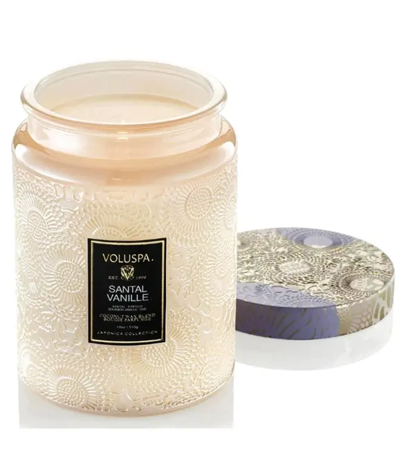 VELA AROMÁTICA 100H POTE VIDRO RELEVO SANTAL VANILLE VOLUSPA