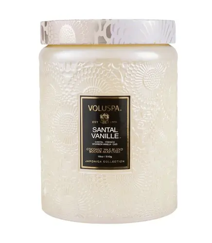 VELA AROMÁTICA 100H POTE VIDRO RELEVO SANTAL VANILLE VOLUSPA