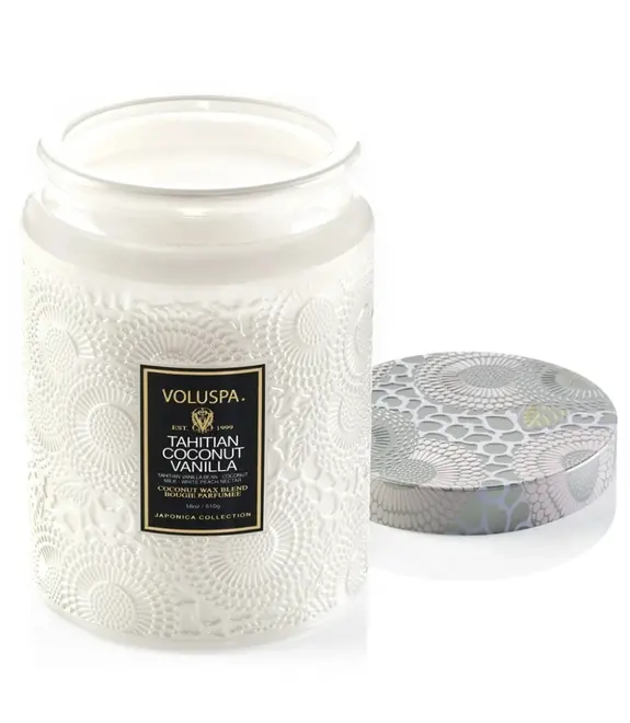 VELA AROMÁTICA 100H POTE VIDRO RELEVO TAHITIAN COCONUT VANILLA VOLUSPA